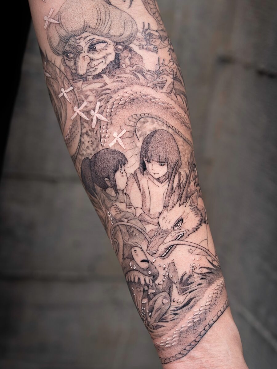 Intricate Spirited Away Universe Ink Design Tattoo Design