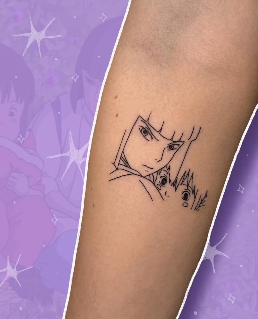 Striking Line Art Tattoo of Spirited Away Characters Tattoo Design