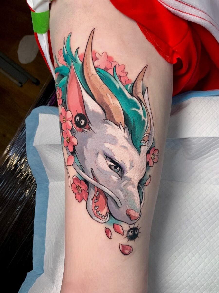 Vibrant Shishigami Tattoo with Cherry Blossoms Tattoo Design