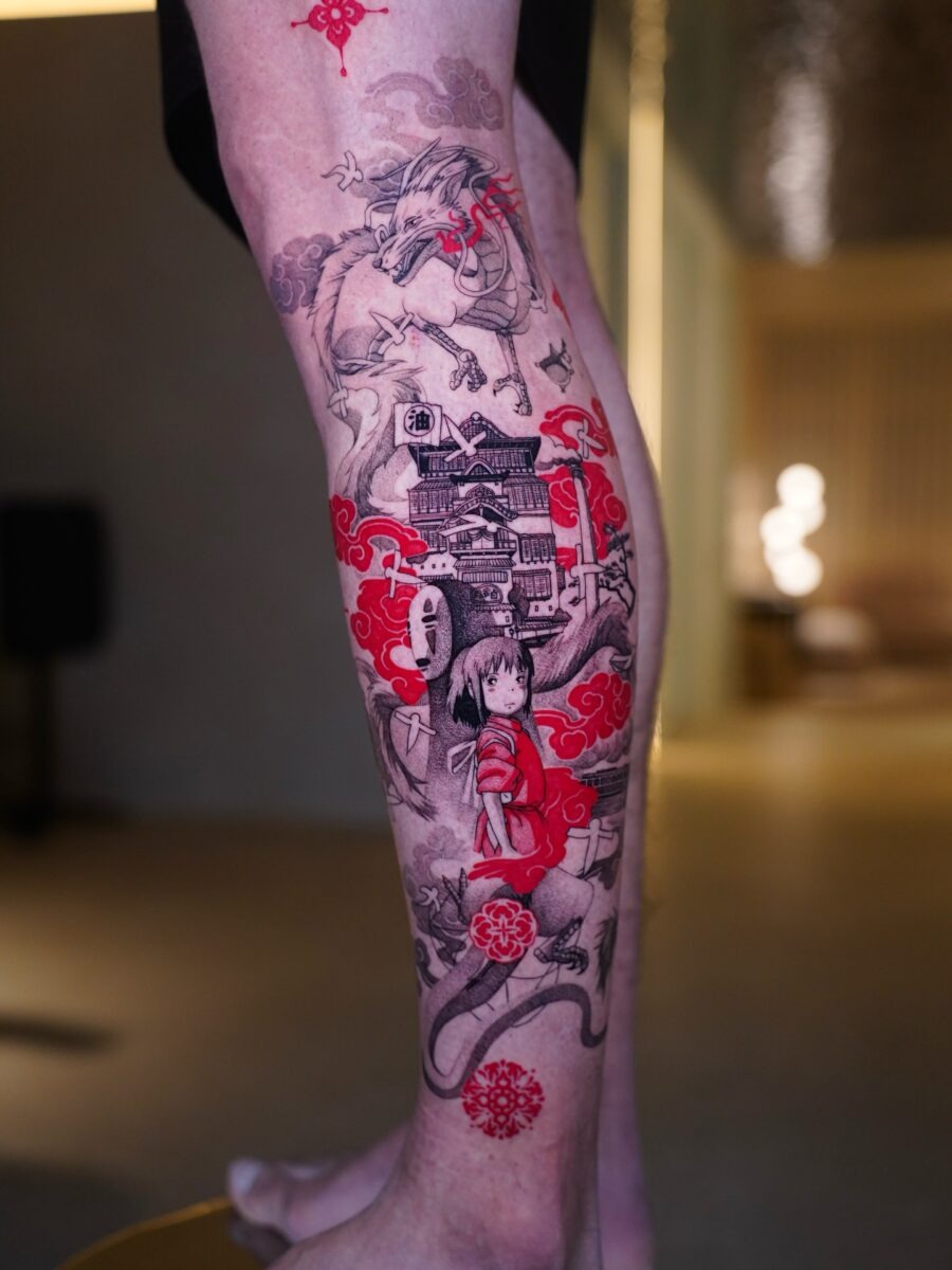 Vibrant Spirited Away Tattoo Design on Leg Tattoo Design