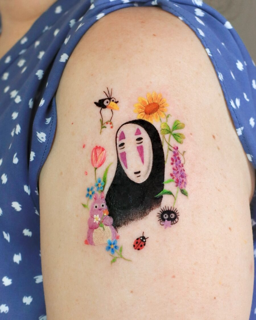 Whimsical No Face Tattoo with Nature Surroundings Tattoo Design