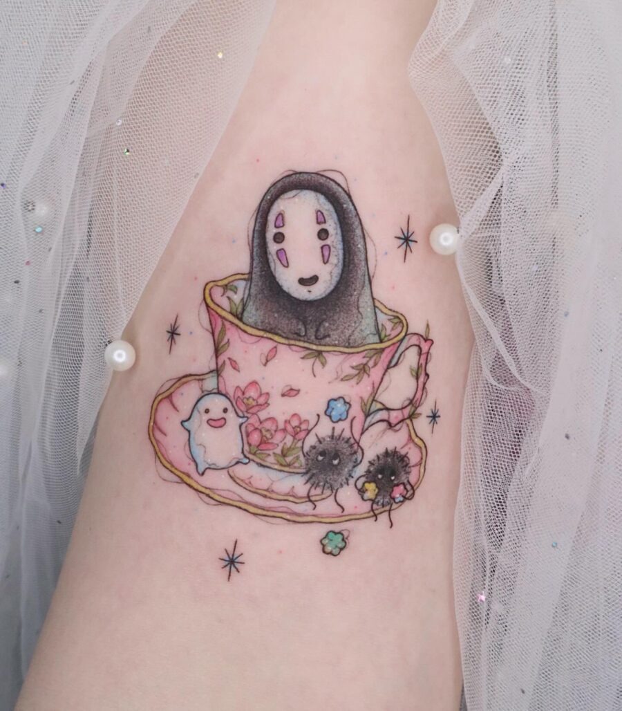 Whimsical No-Face Tea Cup Tattoo Delight Tattoo Design