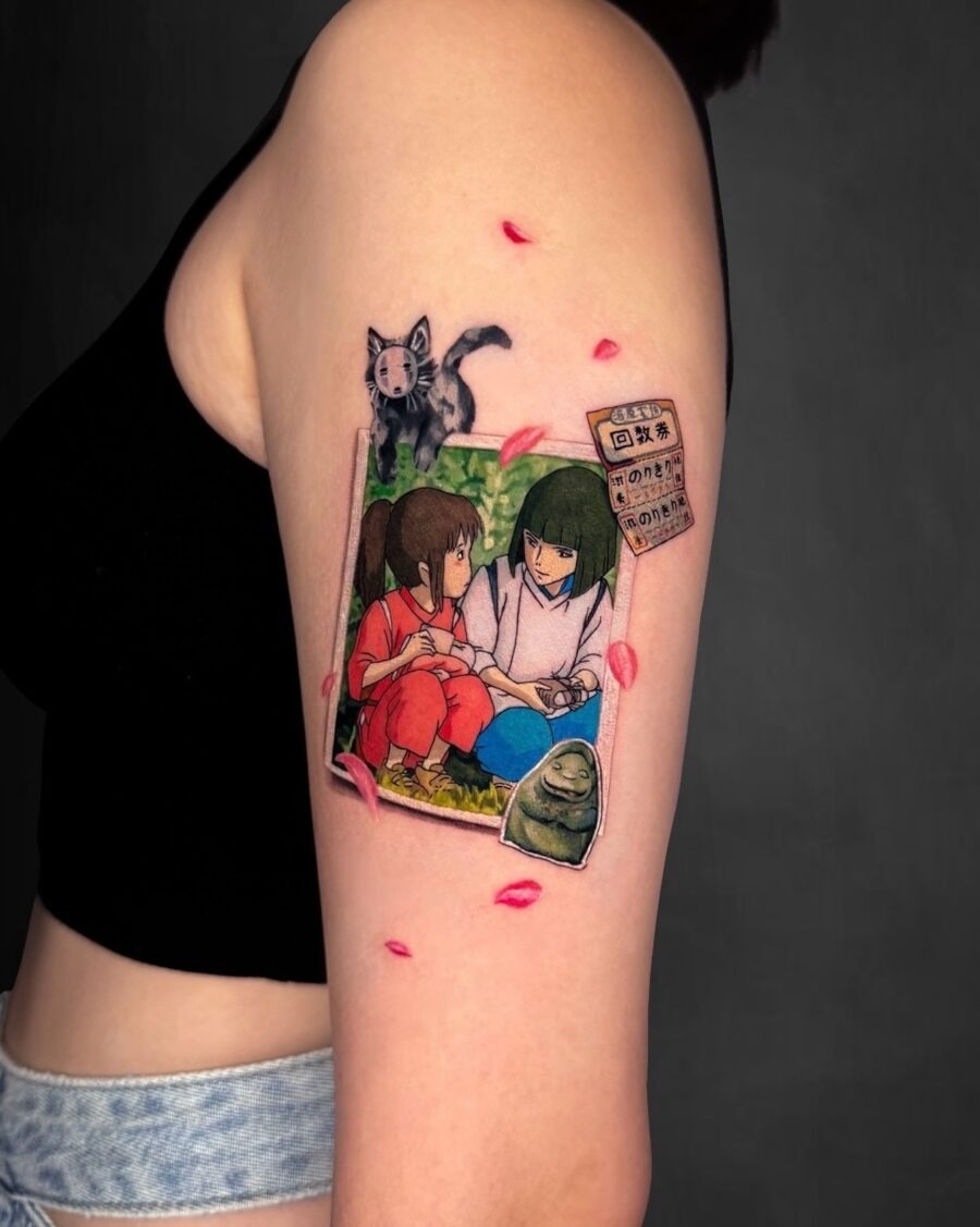 Whimsical Spirited Away Tattoo with Iconic Characters Tattoo Design