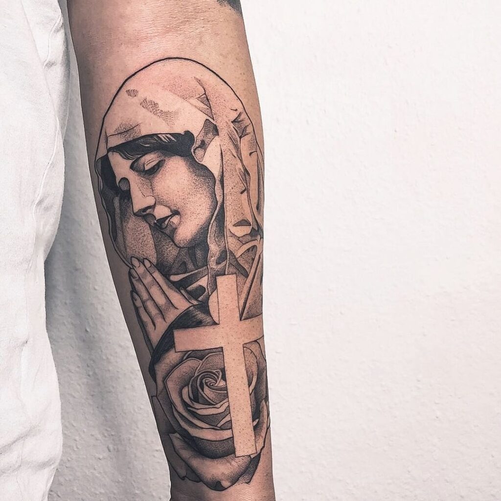 Devotional Virgin Mary Tattoo with Cross and Rose Tattoo Design