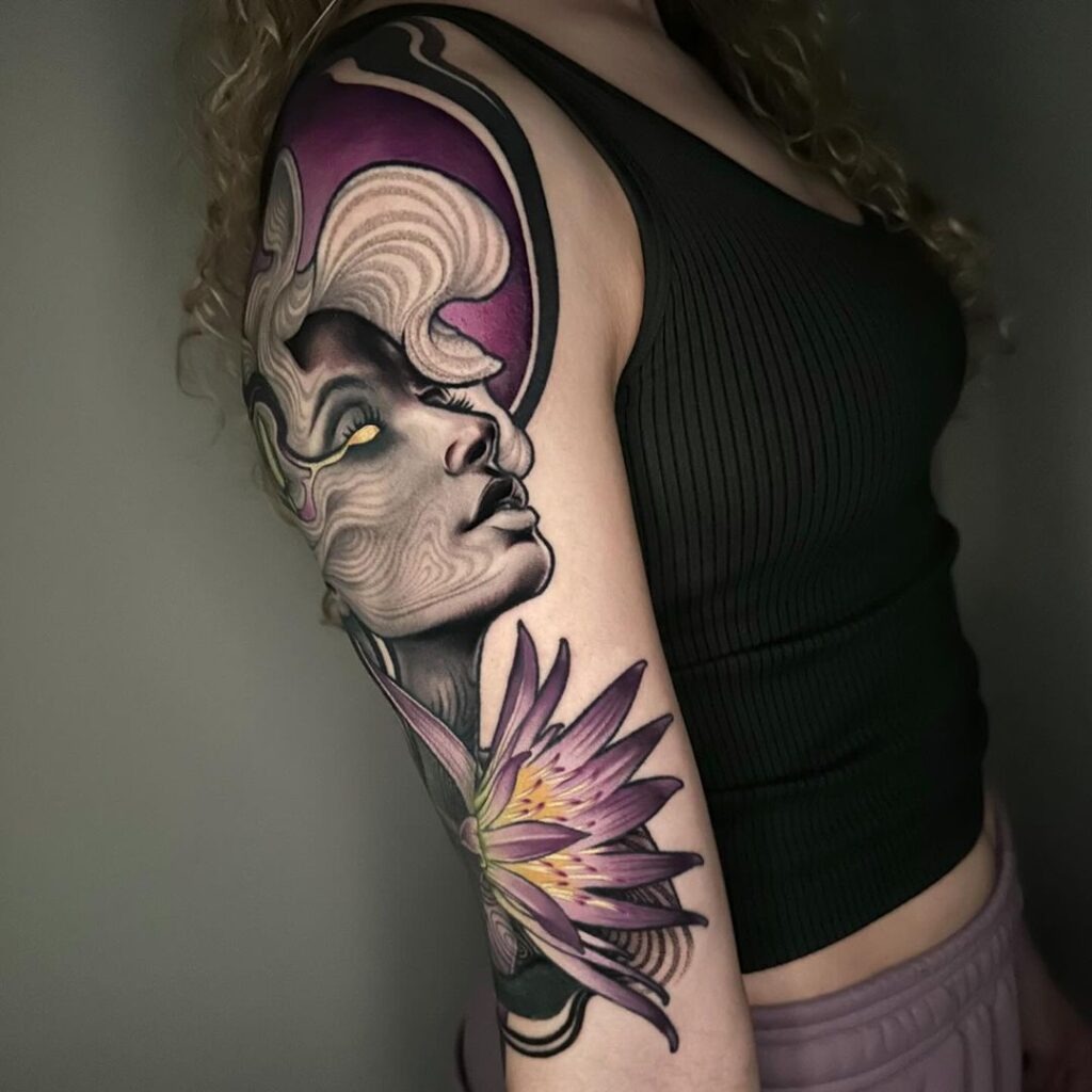 Ethereal Woman and Lotus Flower Tattoo Design