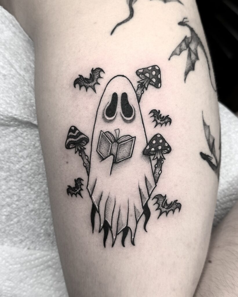 Book-Loving Ghost with Bats and Mushrooms Tattoo Tattoo Design