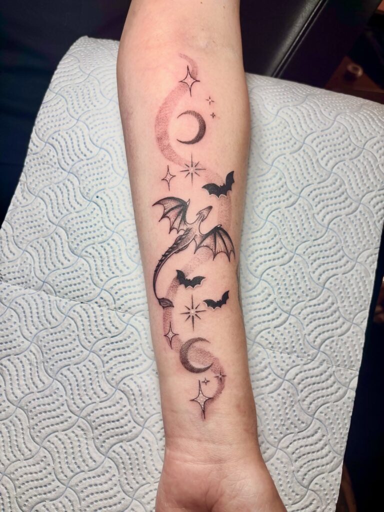 Celestial Dragon and Bats Tattoo Tattoo Design