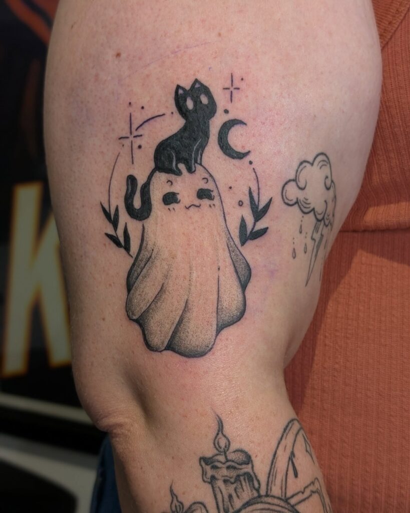 Cute Ghost and Black Cat Tattoo Tattoo Design