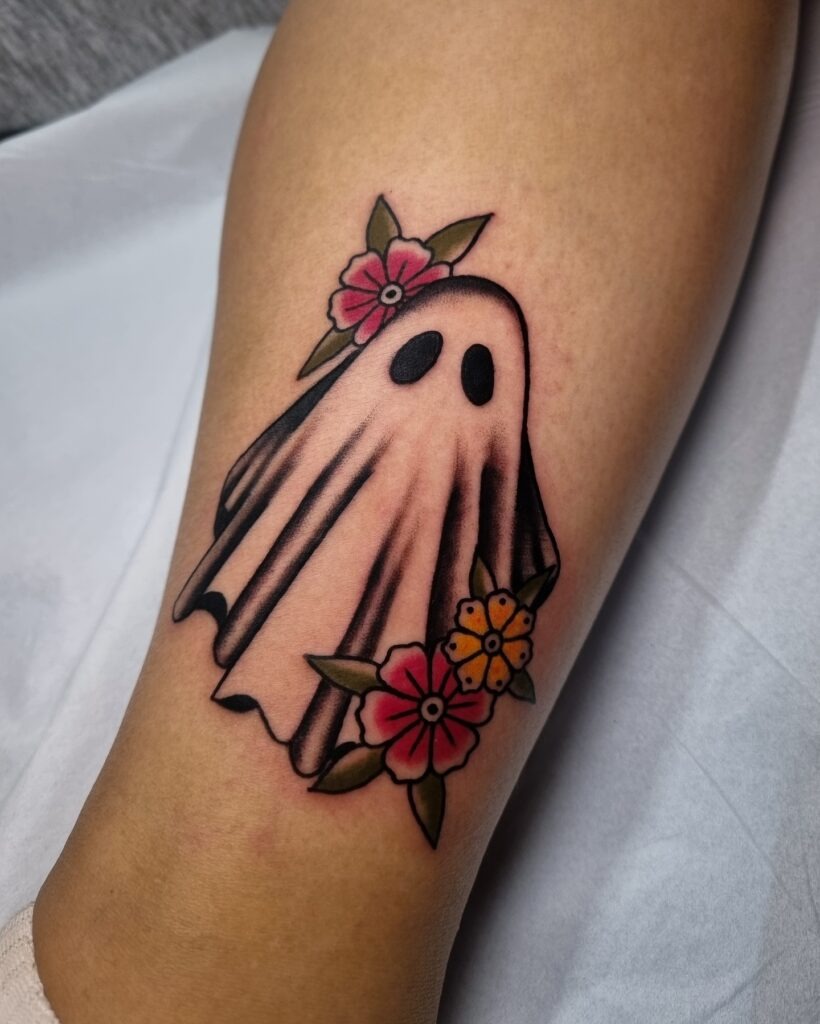 Cute Ghost with Flowers Tattoo Tattoo Design