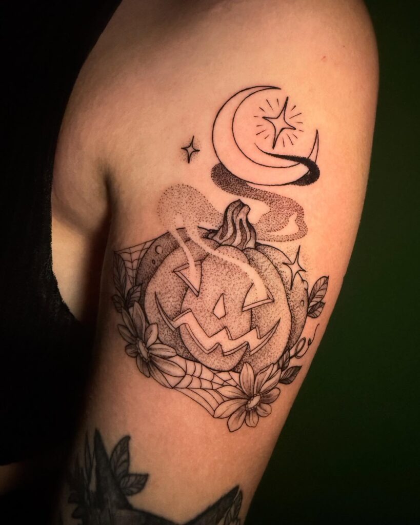 Dotwork Jack-o'-Lantern with Crescent Moon Tattoo Tattoo Design