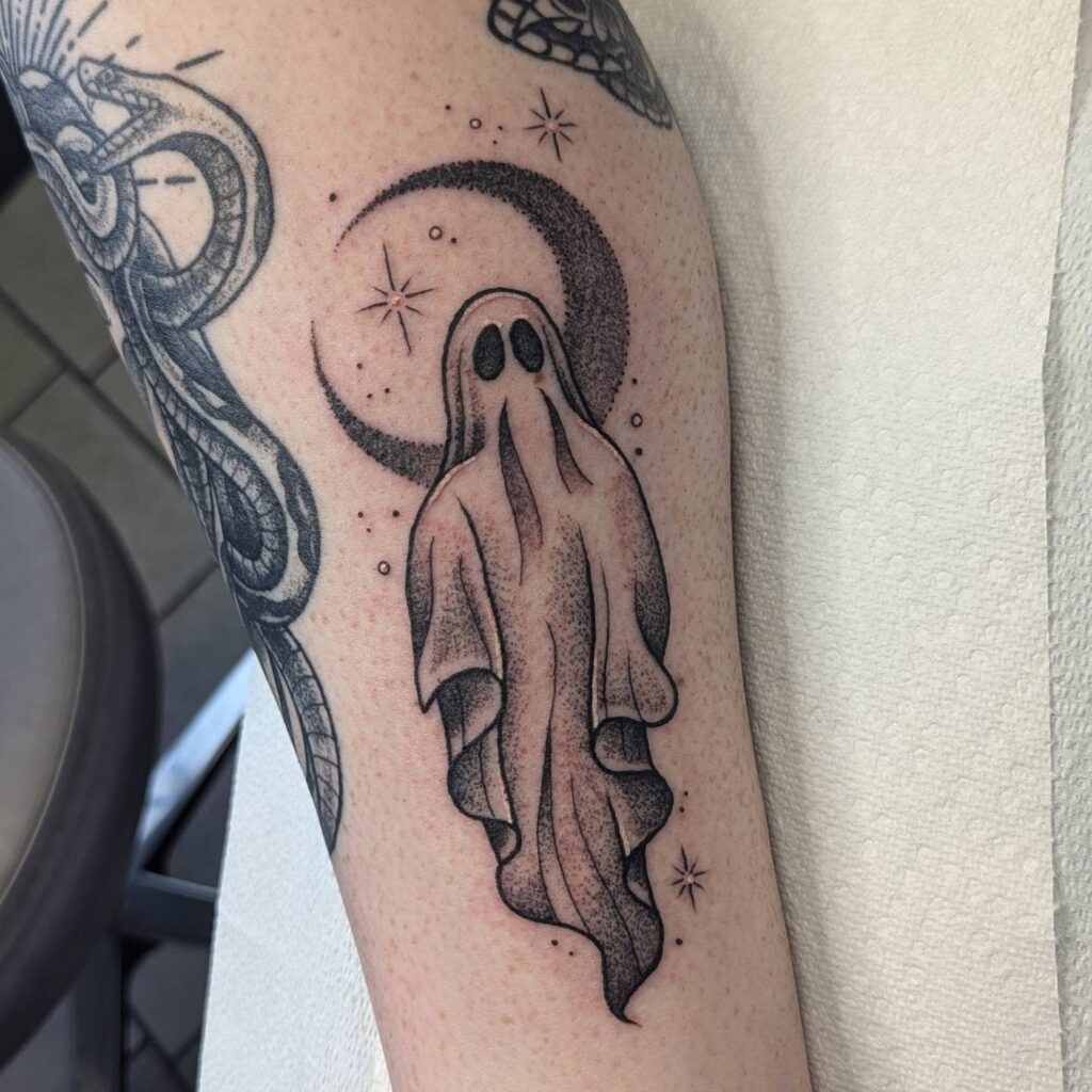 Ethereal Ghost and Crescent Moon Tattoo Tattoo Design