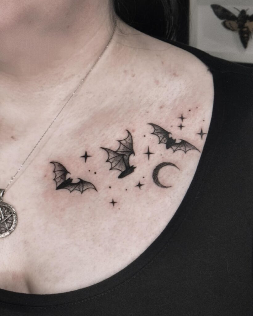Flying Bats and Moon Collarbone Tattoo Tattoo Design