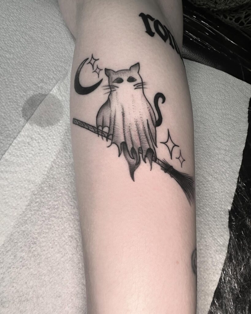 Ghost Cat on Broomstick Tattoo Tattoo Design