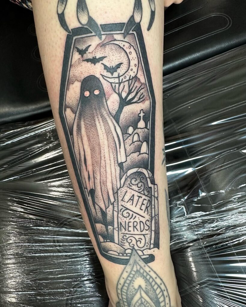 Ghost in Coffin with "Later Nerds" Tombstone Tattoo Tattoo Design