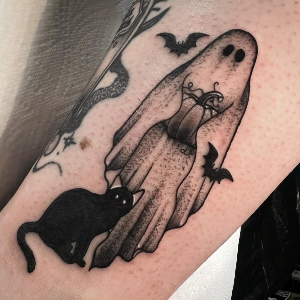 Ghost, Pumpkin, and Black Cat Halloween Tattoo Tattoo Design