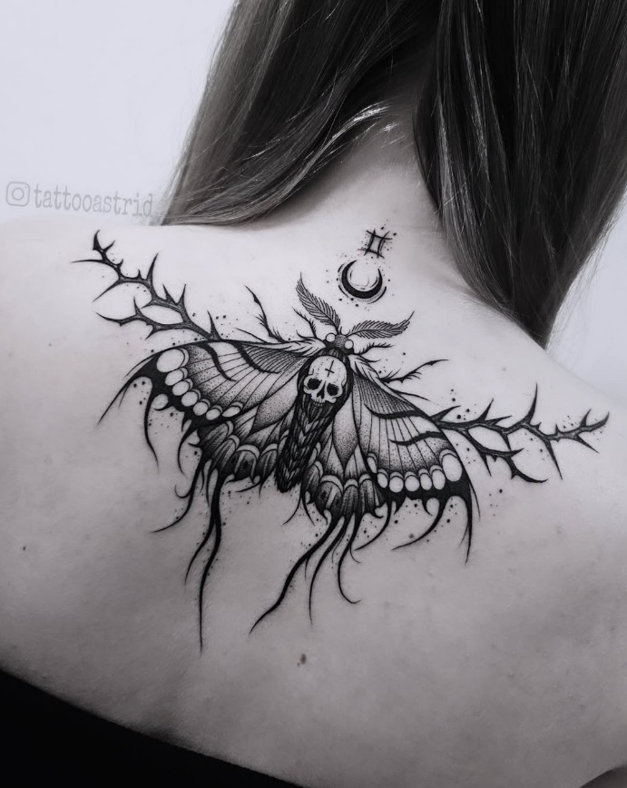 Gothic Death Moth Back Tattoo with Skull and Crescent Moon Tattoo Design