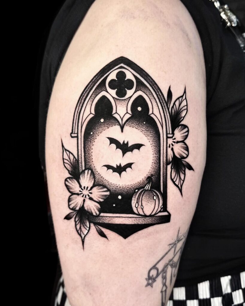 Gothic Window with Bats and Pumpkin Tattoo Tattoo Design