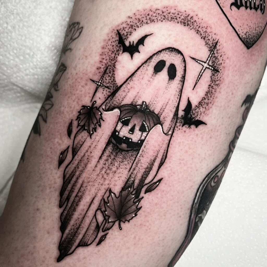 Halloween Ghost with Jack-o'-Lantern Tattoo Tattoo Design