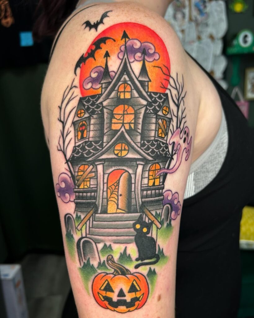 Haunted House Halloween Scene Tattoo Tattoo Design