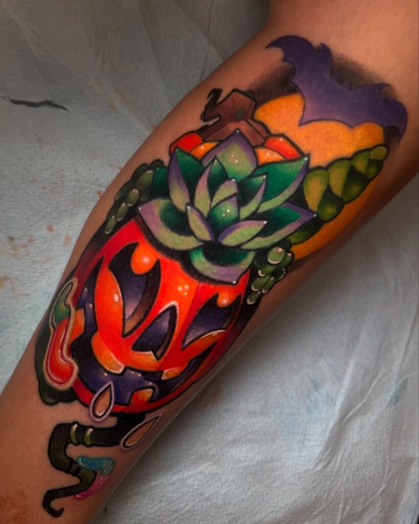 Neon Halloween Jack-o'-Lantern with Succulent Tattoo Tattoo Design