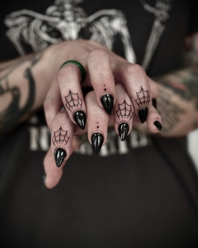 Spider Web Finger Tattoos with Black Claw Nails Tattoo Design
