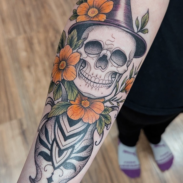 Witch Hat Skull with Flowers Tattoo Tattoo Design