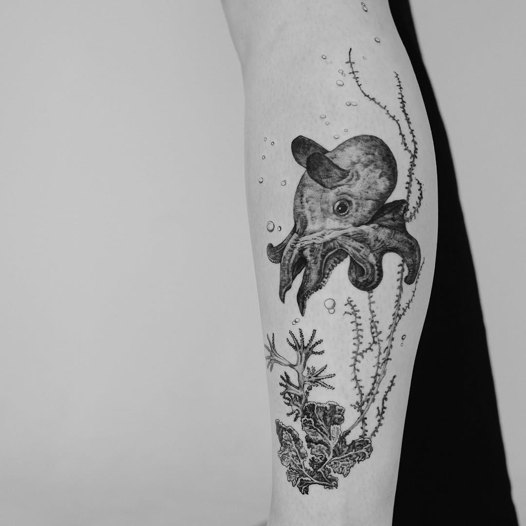 Elegant Black and White Squid Tattoo Design Tattoo Design