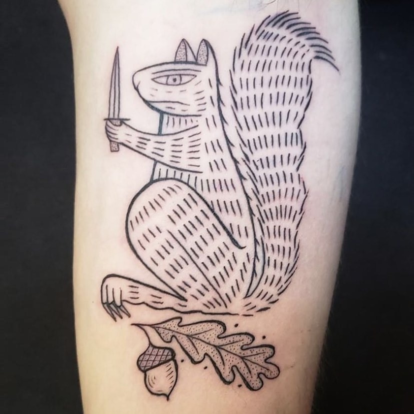 Artistic squirrel tattoo with oak leaf details Tattoo Design