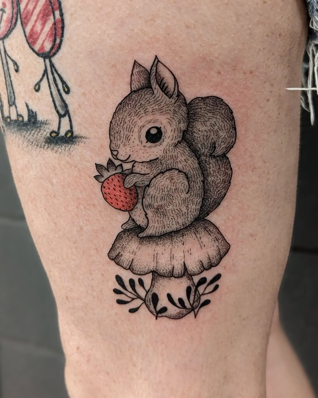 Charming squirrel tattoo with berry on mushroom Tattoo Design