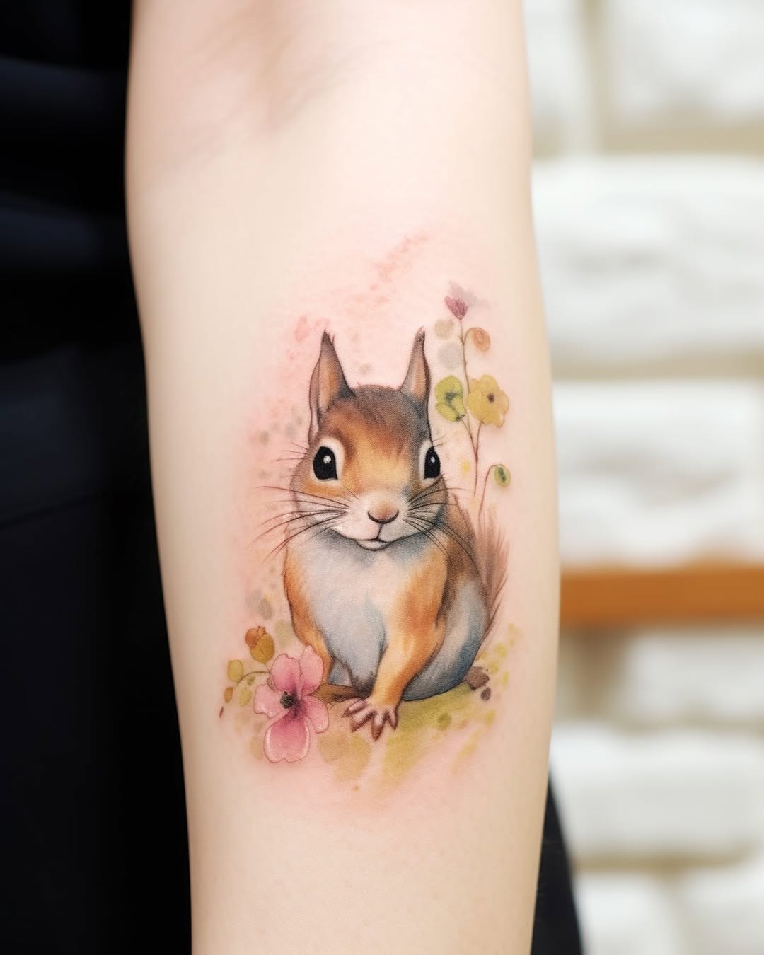 Charming squirrel tattoo with floral accents Tattoo Design