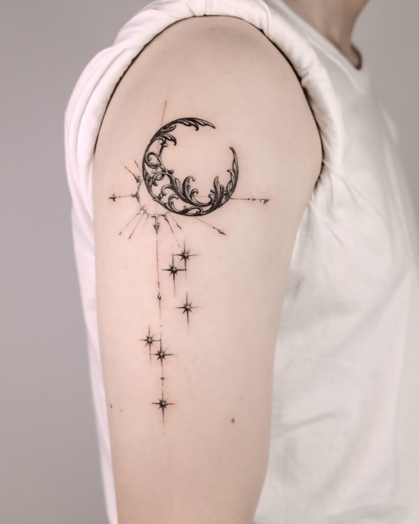 Ornamental Crescent Moon and Starfall Tattoo Tattoo Design