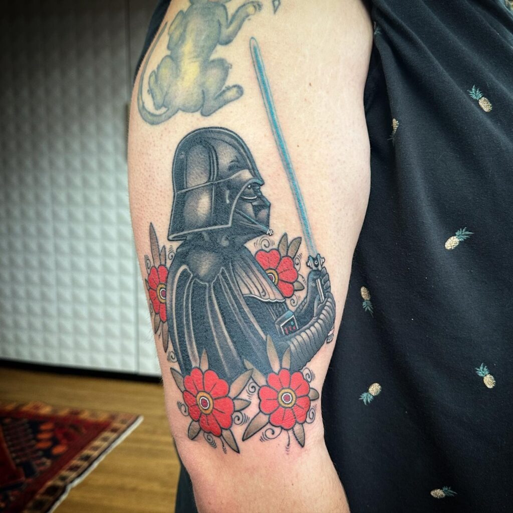 Traditional Style Darth Vader with Floral Accents Tattoo Tattoo Design
