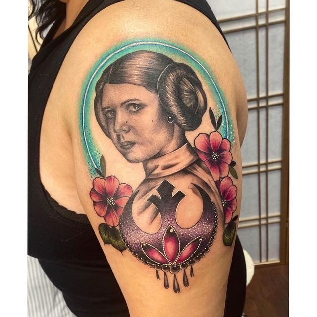Princess Leia Tattoo with Rebel Alliance Symbol Tattoo Design