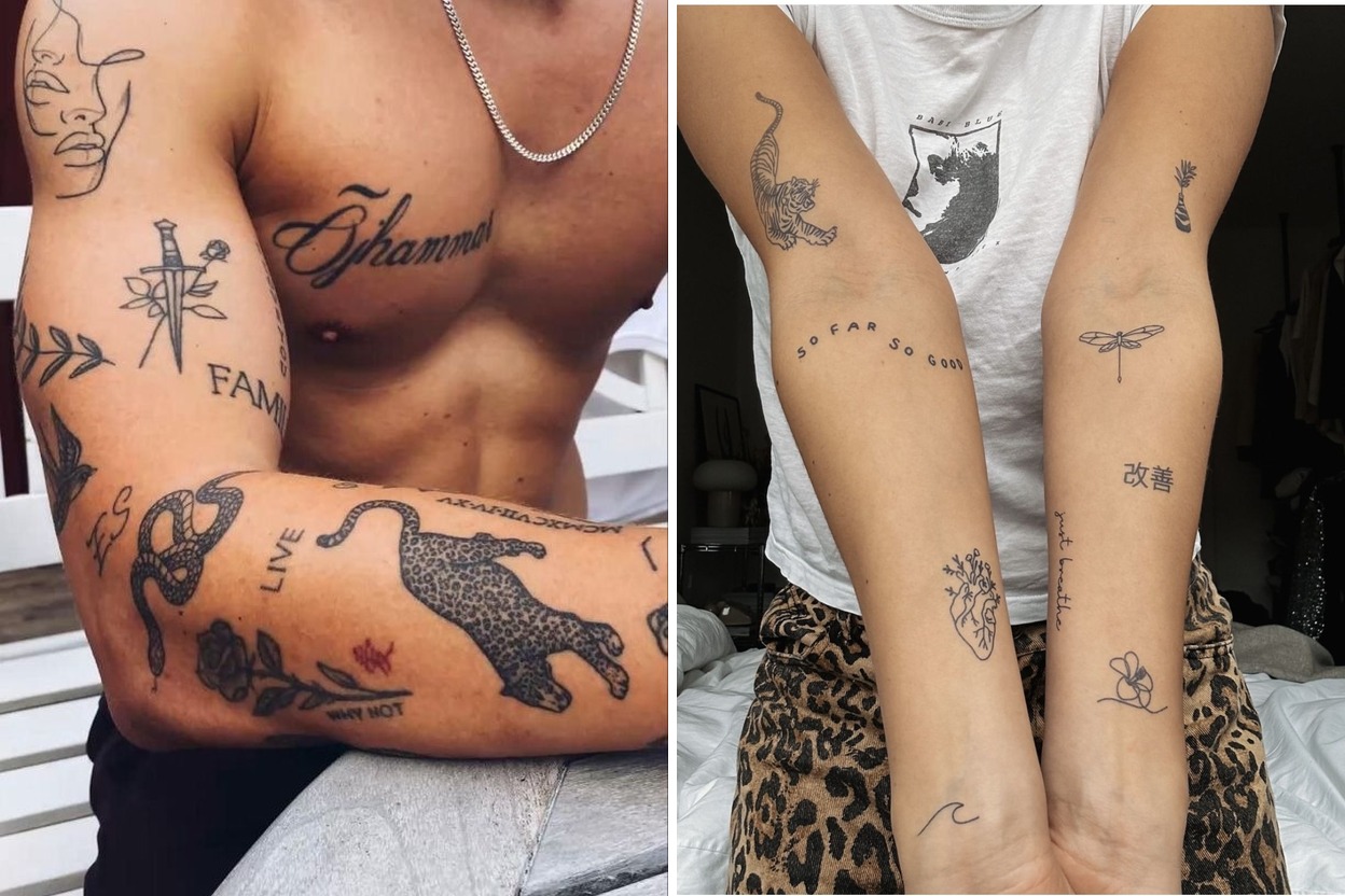 35+ Sticker Sleeve Tattoo Ideas & Inspiration Featured Lookbook Collage