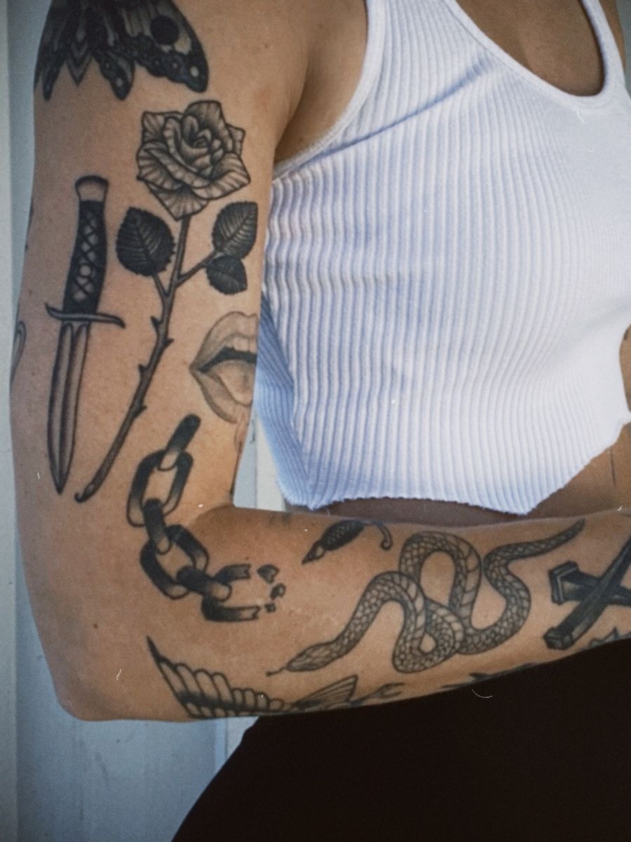 Graphic Band and Butterfly Sleeve with Modern Mysticism Tattoo Design