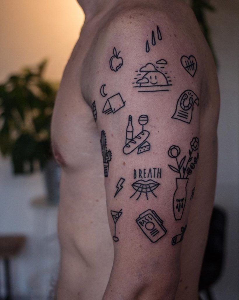 Romantic Fine Line Sticker Sleeve with Soft Vintage Feel Tattoo Design