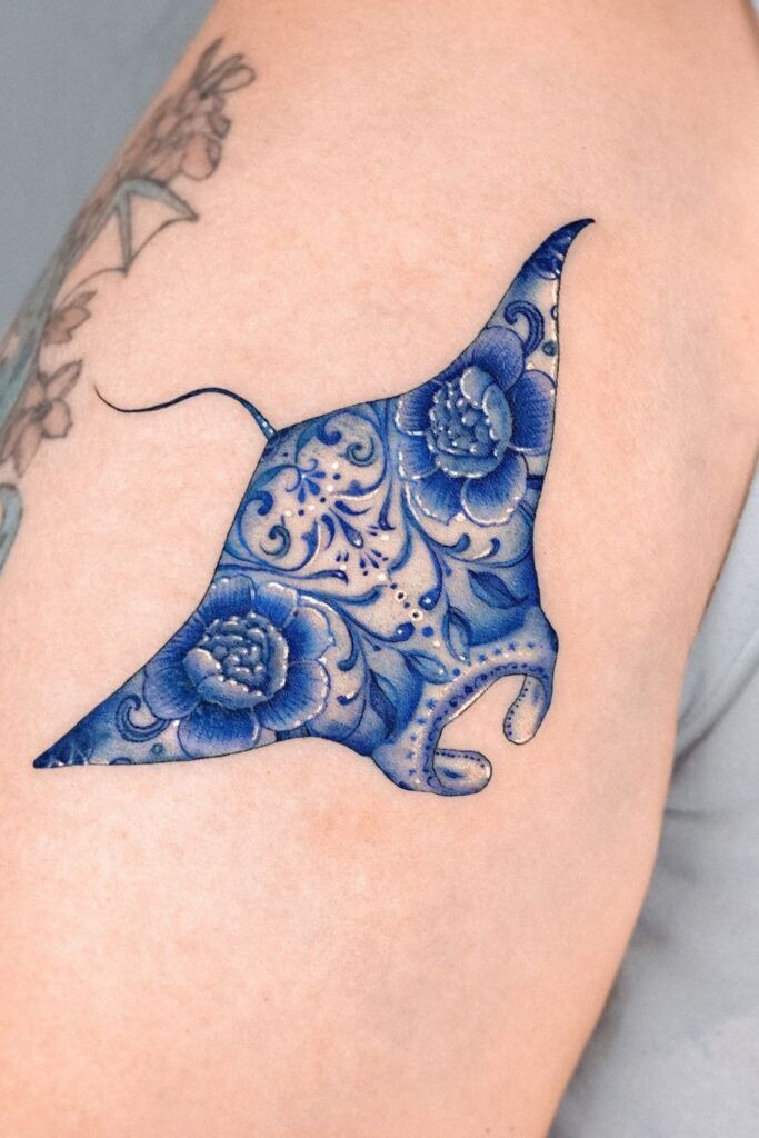 Blue Floral Porcelain Stingray Tattoo Design