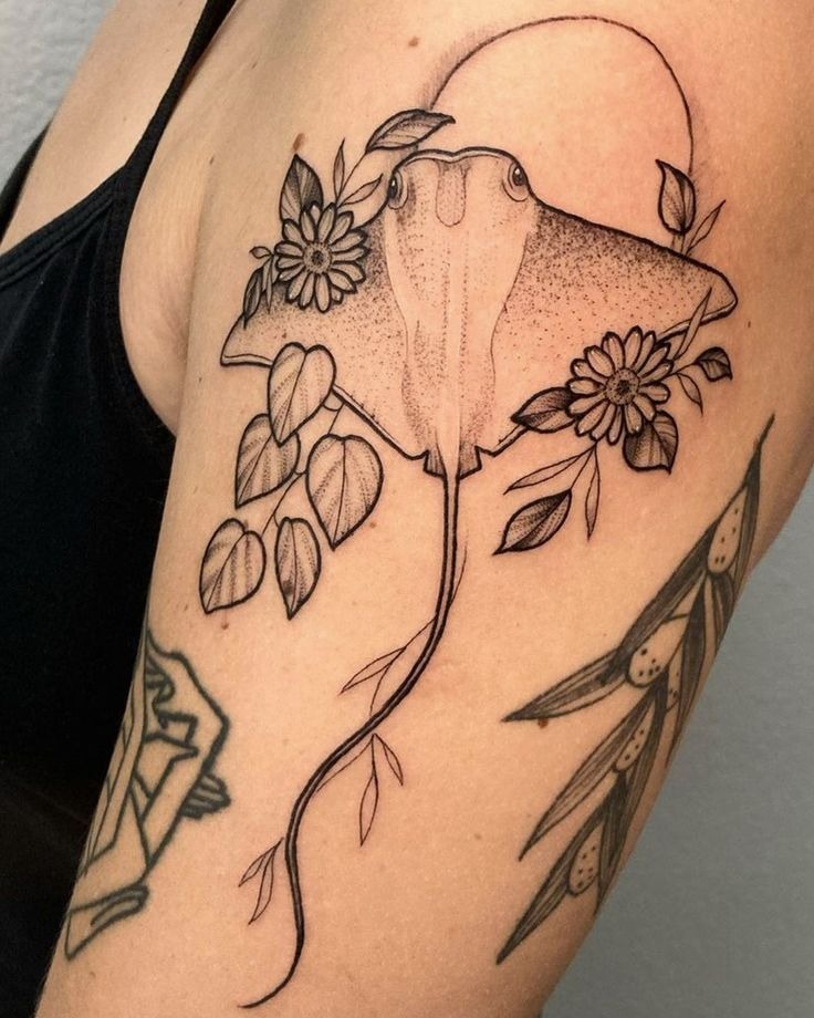 Fine Line Botanical Stingray Tattoo Design