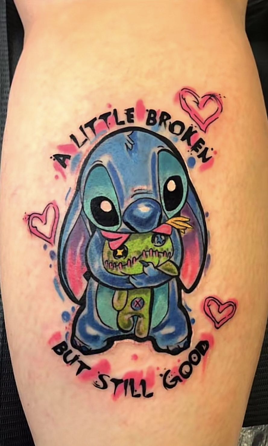 Colorful Little Broken but Still Good Stitch Tattoo, a tattoo design rendered in watercolor for the hand.