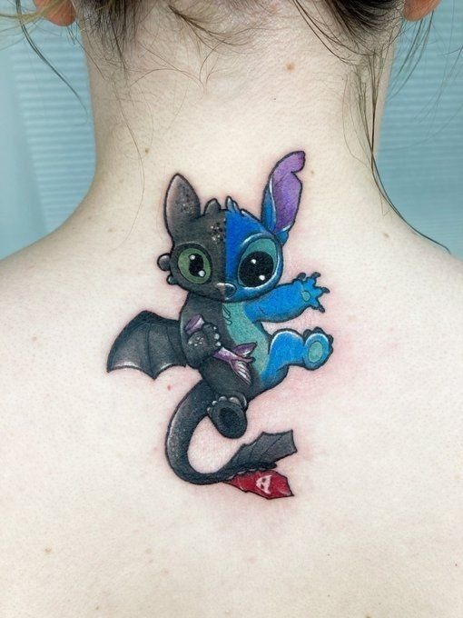 Half Stitch Half Toothless Neck Tattoo, a tattoo design rendered in bold.