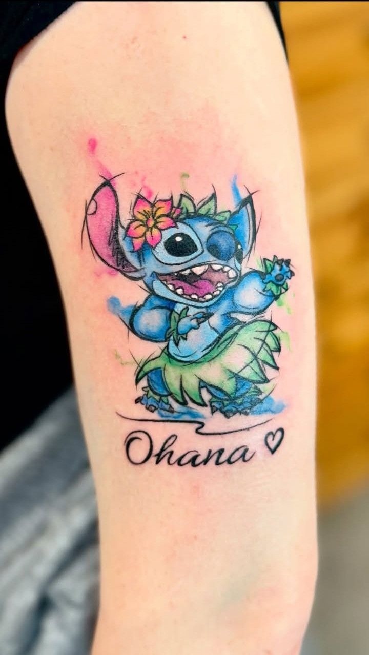 Hula Stitch Ohana Tattoo, a tattoo design rendered in watercolor for the hand.
