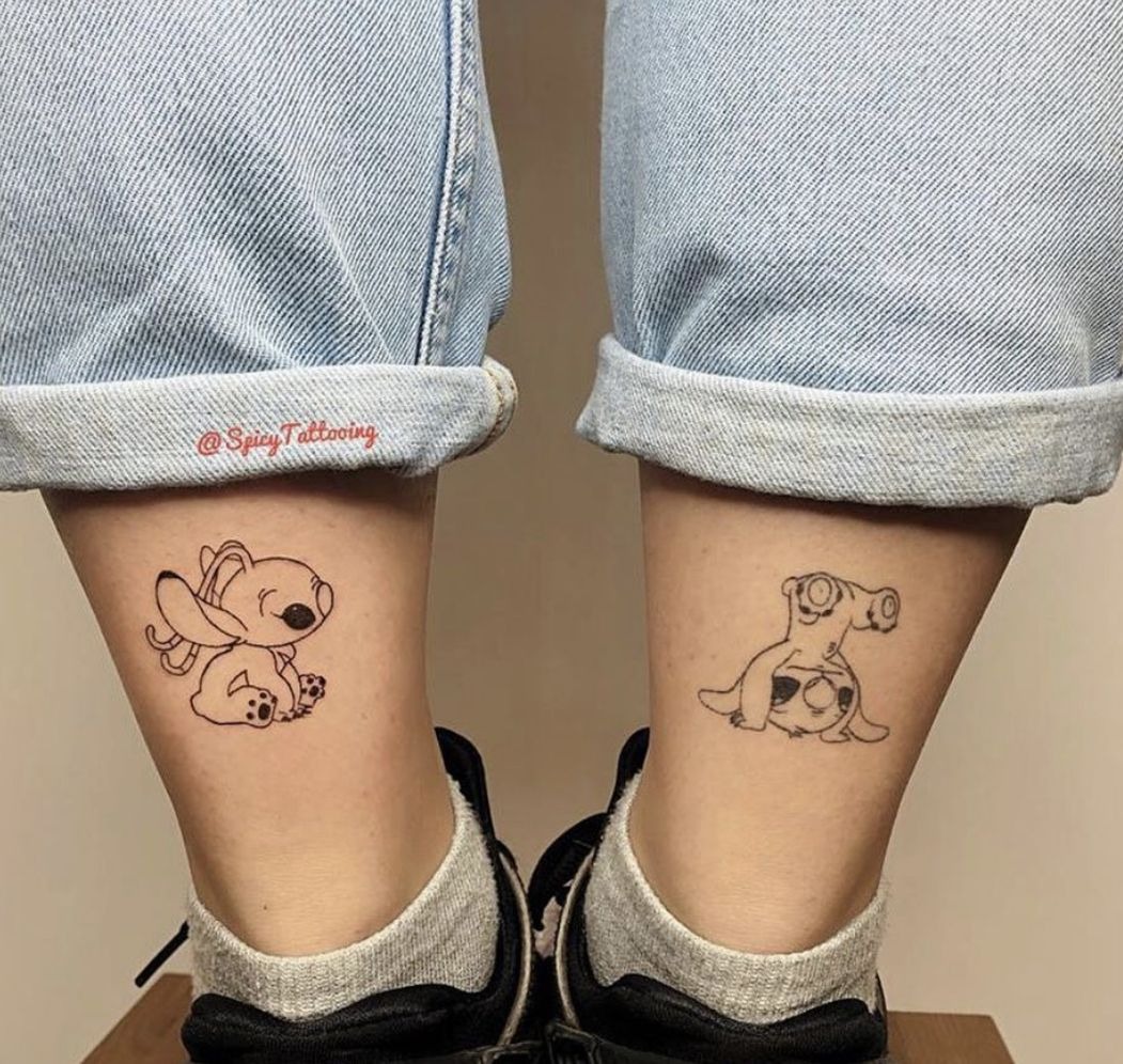 Matching Stitch and Scrump Ankle Tattoos, a tattoo design rendered in sketch-style.