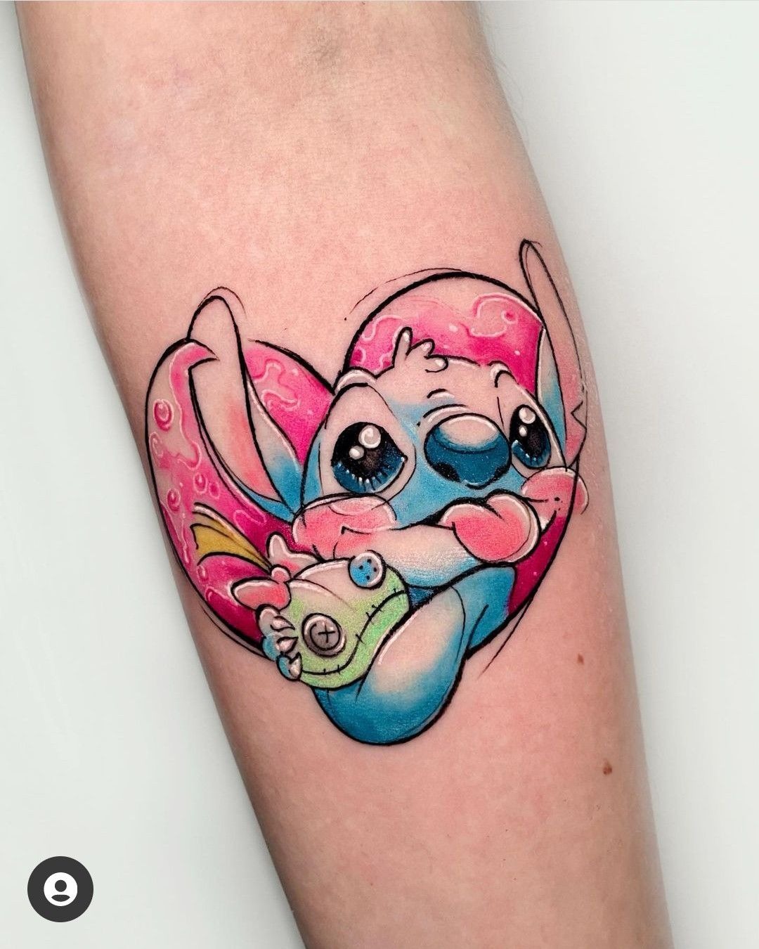 Pink Heart Stitch and Scrump Tattoo, a tattoo design rendered in clean detailed linework for the hand.