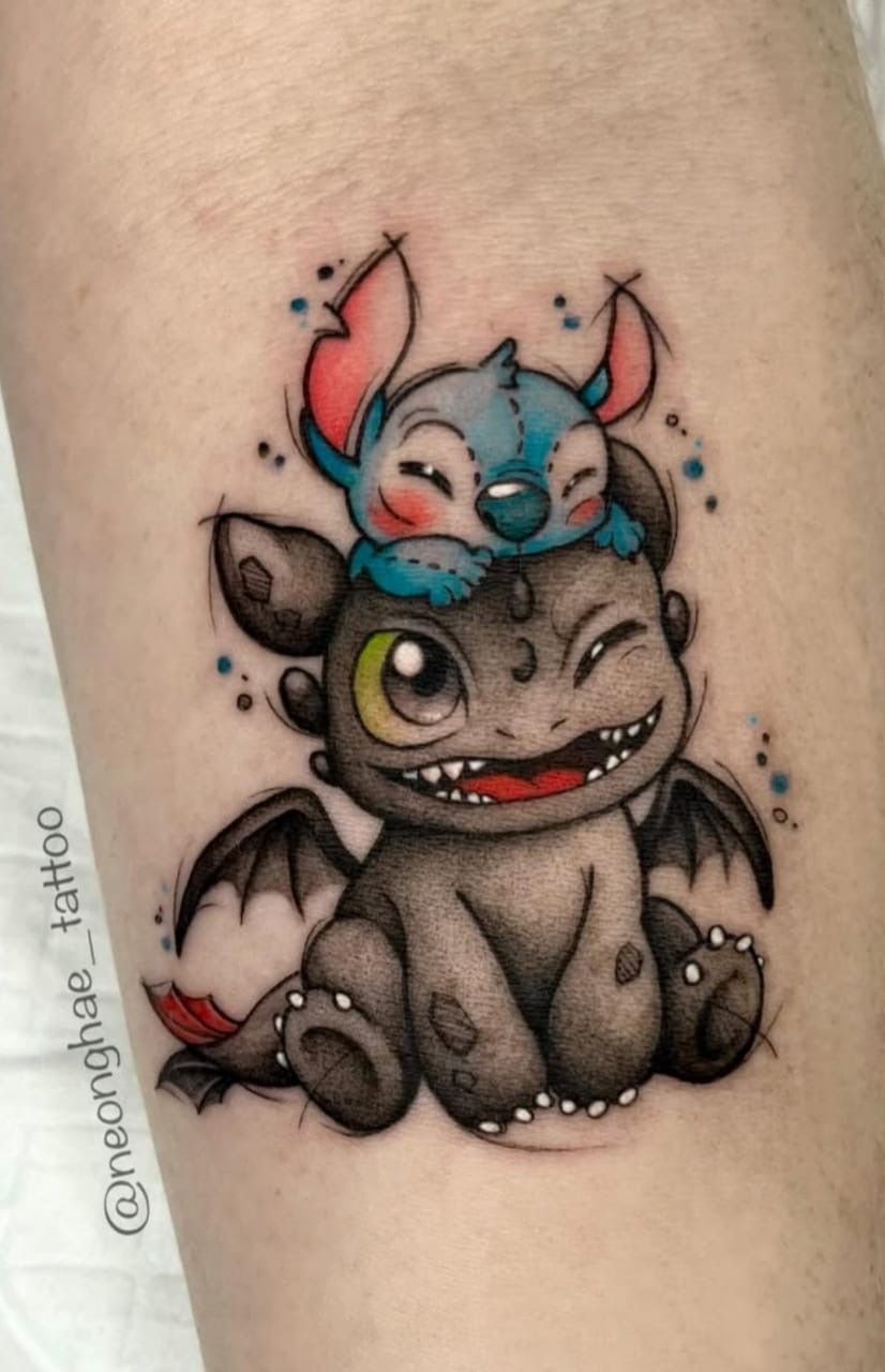 Stitch and Toothless Friendship Tattoo, a tattoo design rendered in sketch-style for the arm.