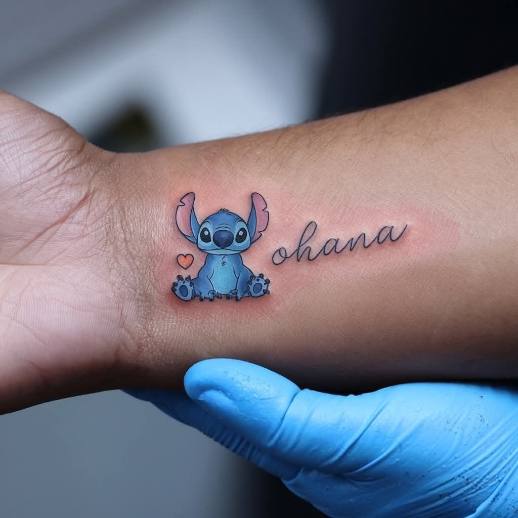 Tiny Color Stitch Ohana Wrist Tattoo, a tattoo design rendered in clean detailed linework.