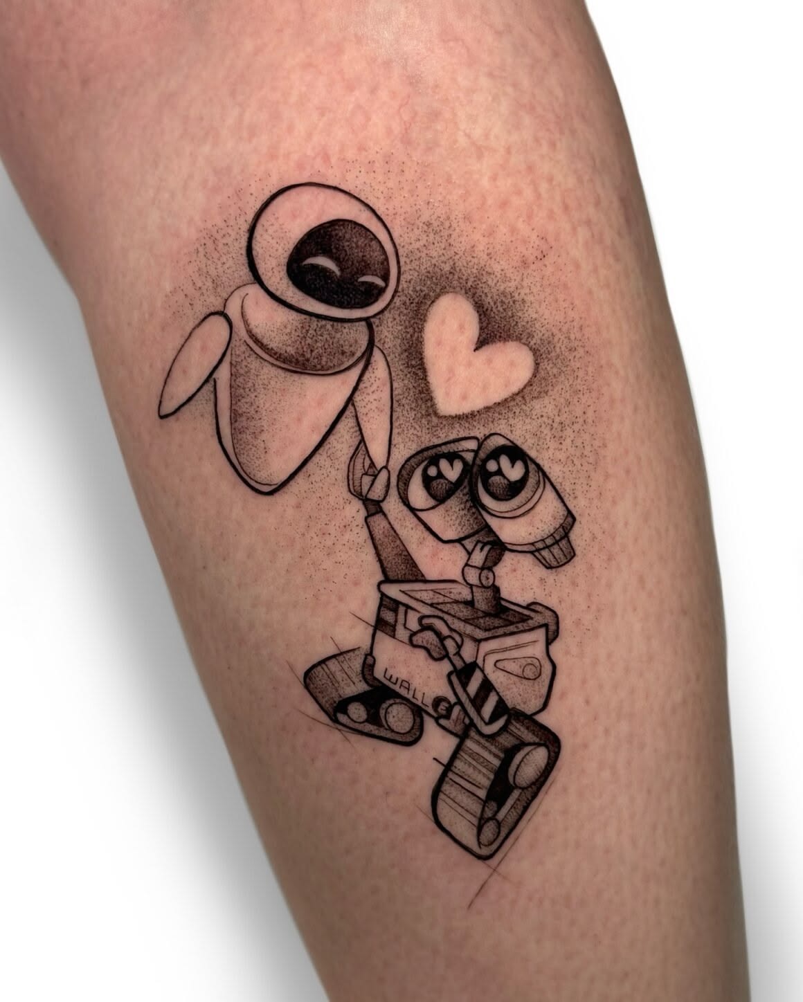 WALL-E and EVE Love Tattoo, a tattoo design rendered in clean detailed linework for the hand.