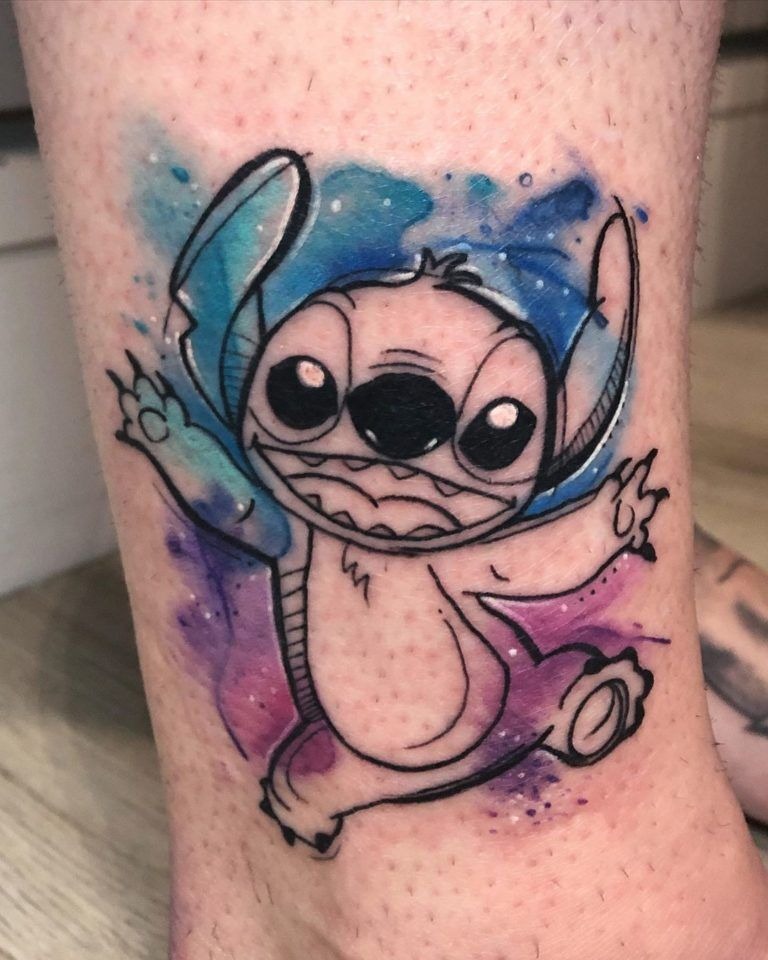 Watercolor Stitch Character Tattoo, a tattoo design rendered in watercolor for the back.