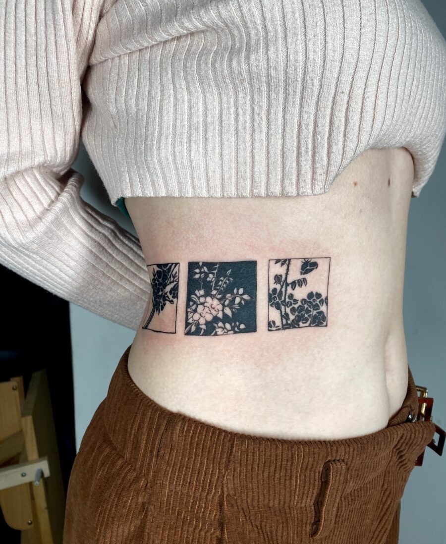 Beautiful floral stomach tattoo in three panels Tattoo Design