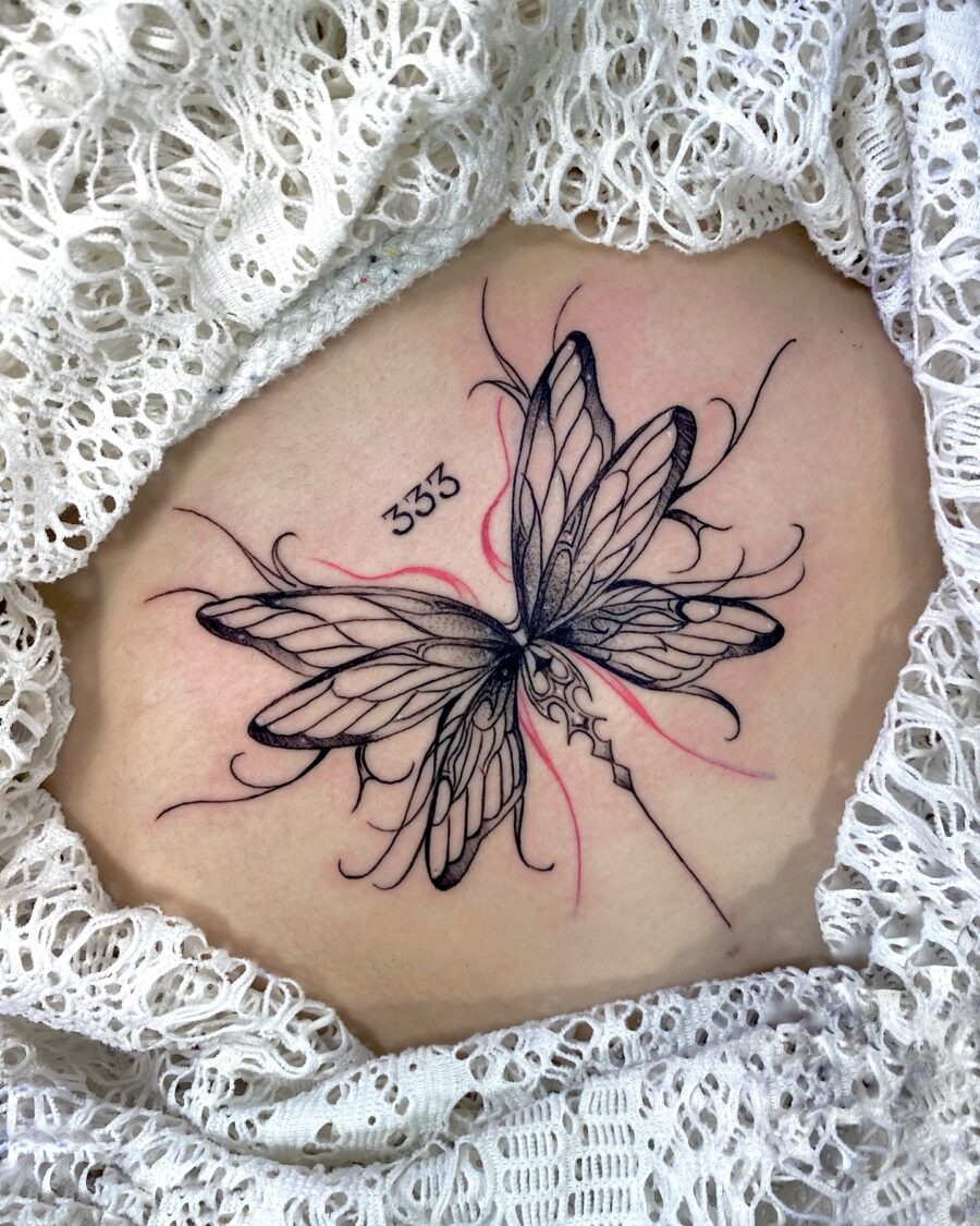 Elegant butterfly tattoo with mystical numbers Tattoo Design