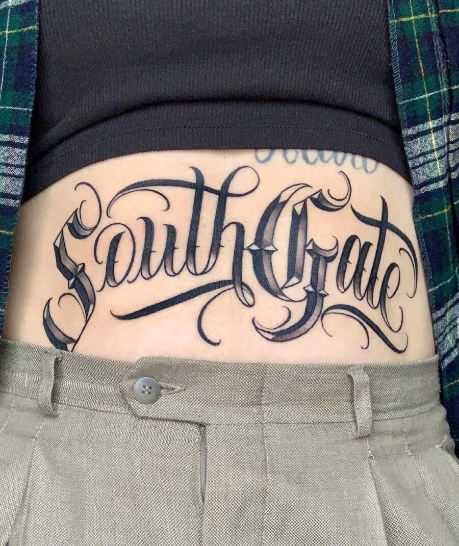 Elegant script tattoo on the stomach Tattoo Design
